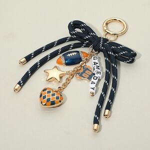 Navy Orange GAME DAY Rope Bow Football Dangle Charms Beaded Purse Keychain